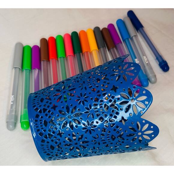 Metal Pen Holder Blue Floral Ikea Mala Felt Tip Markers Desk Organizer Round - Picture 3 of 7